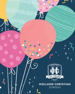 Balloons on navy blue background with confetti and HC's 125 years logo